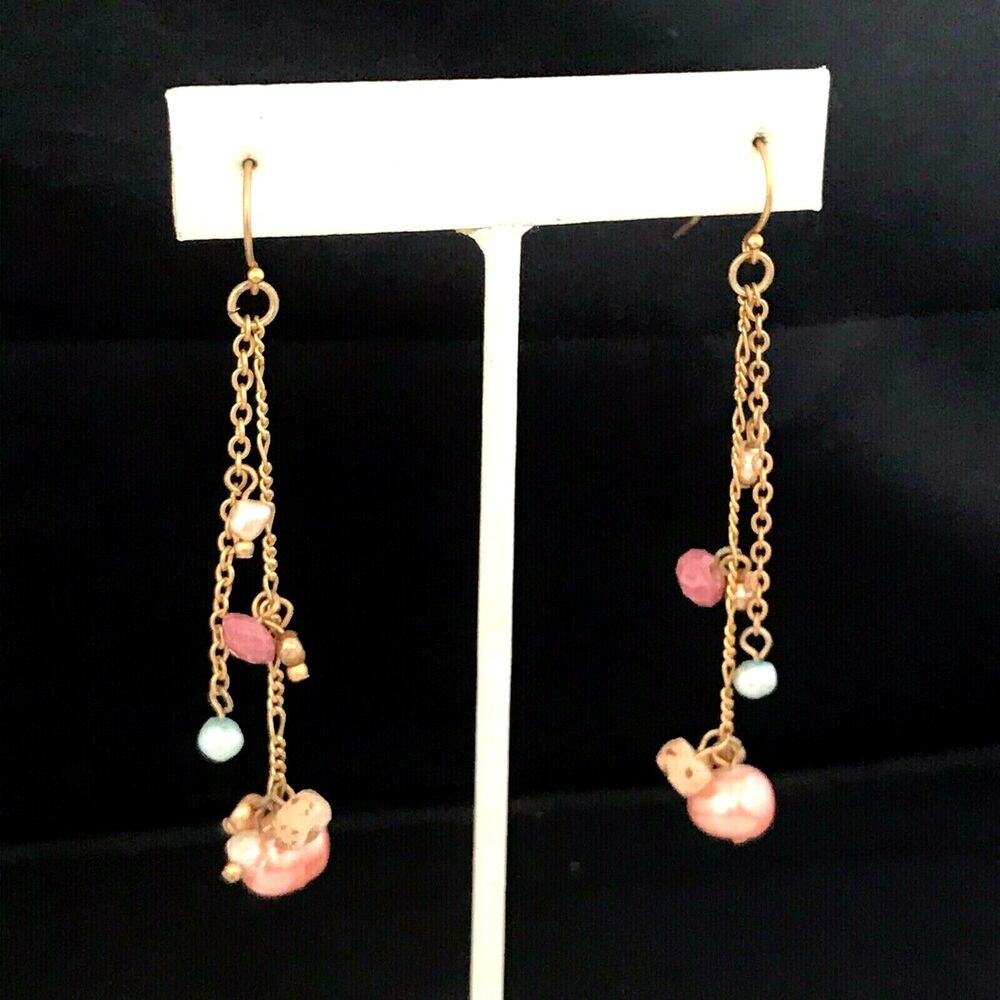 New Gold Tone Earrings Chains Beads Pink Pearls Dangle Women's - 1K